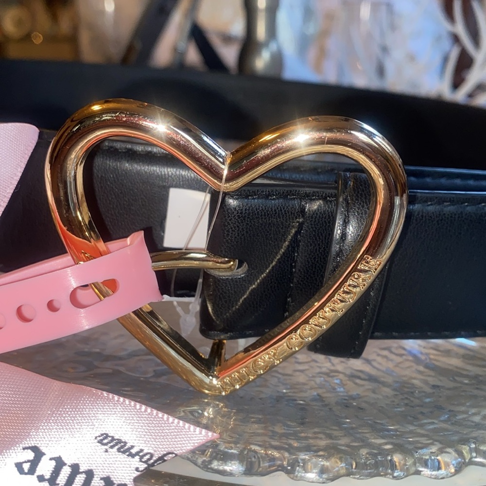 Juicy Couture Black Leather Heart Buckle Belt with Pink Accent - Picture 4 of 5